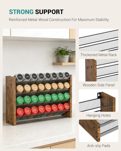 Spice Rack Organizer for Cabinet, Wood 4-Tier Vertical Seasoning Organizer, Wall Mount or Countertop Spice Shelf, Holds 28 Jars (No Jars Included), 14" W x 9.4" H