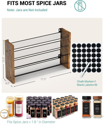 Spice Rack Organizer for Cabinet, Wood 4-Tier Vertical Seasoning Organizer, Wall Mount or Countertop Spice Shelf, Holds 28 Jars (No Jars Included), 14" W x 9.4" H