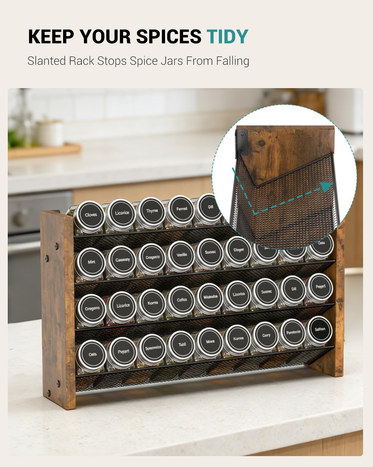 Spice Rack Organizer for Cabinet, Wood 4-Tier Vertical Seasoning Organizer, Wall Mount or Countertop Spice Shelf, Holds 28 Jars (No Jars Included), 14" W x 9.4" H