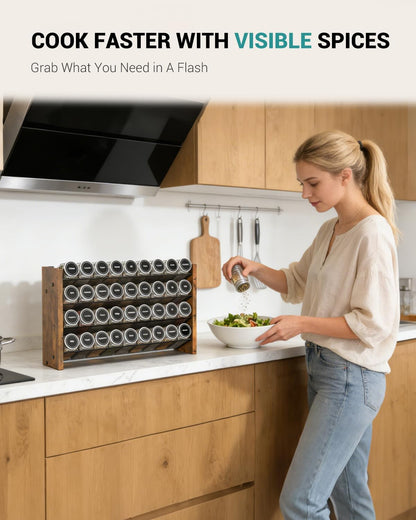 Spice Rack Organizer for Cabinet, Wood 4-Tier Vertical Seasoning Organizer, Wall Mount or Countertop Spice Shelf, Holds 28 Jars (No Jars Included), 14" W x 9.4" H