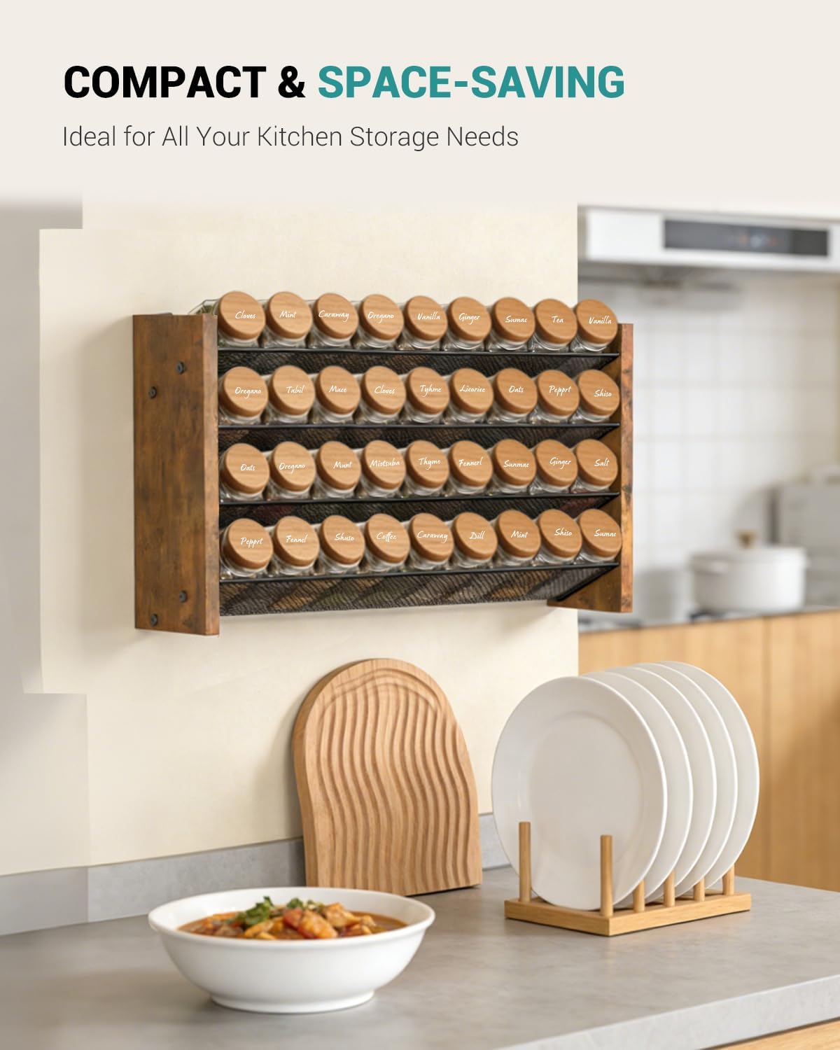 Spice Rack Organizer for Cabinet, Wood 4-Tier Vertical Seasoning Organizer, Wall Mount or Countertop Spice Shelf, Holds 28 Jars (No Jars Included), 14" W x 9.4" H