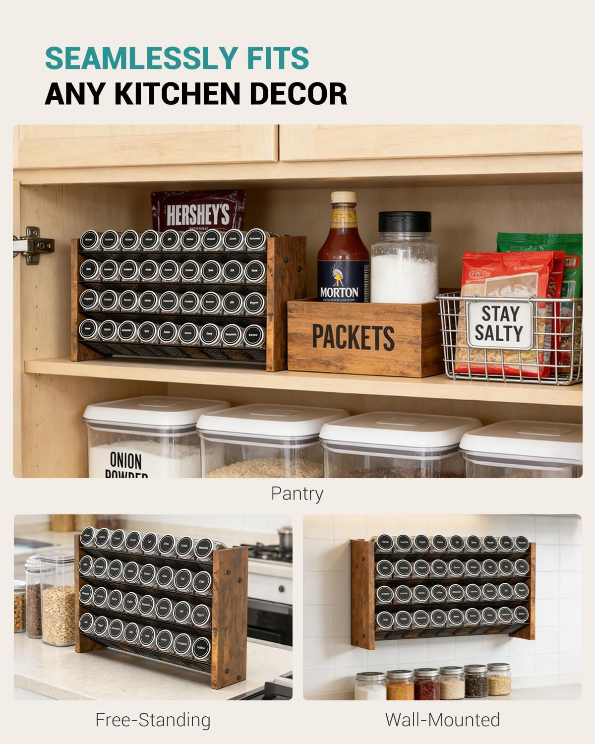 Spice Rack Organizer for Cabinet, Wood 4-Tier Vertical Seasoning Organizer, Wall Mount or Countertop Spice Shelf, Holds 28 Jars (No Jars Included), 14" W x 9.4" H