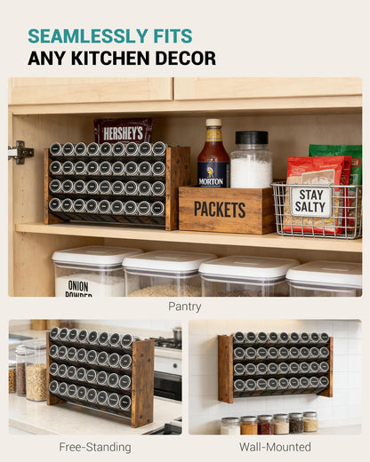 Spice Rack Organizer for Cabinet, Wood 4-Tier Vertical Seasoning Organizer, Wall Mount or Countertop Spice Shelf, Holds 28 Jars (No Jars Included), 14" W x 9.4" H