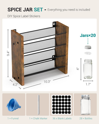 Spice Rack Organizer for Cabinet, Wood 4-Tier Vertical Seasoning Organizer, Wall Mount or Countertop Spice Shelf, Holds 28 Jars (No Jars Included), 14" W x 9.4" H