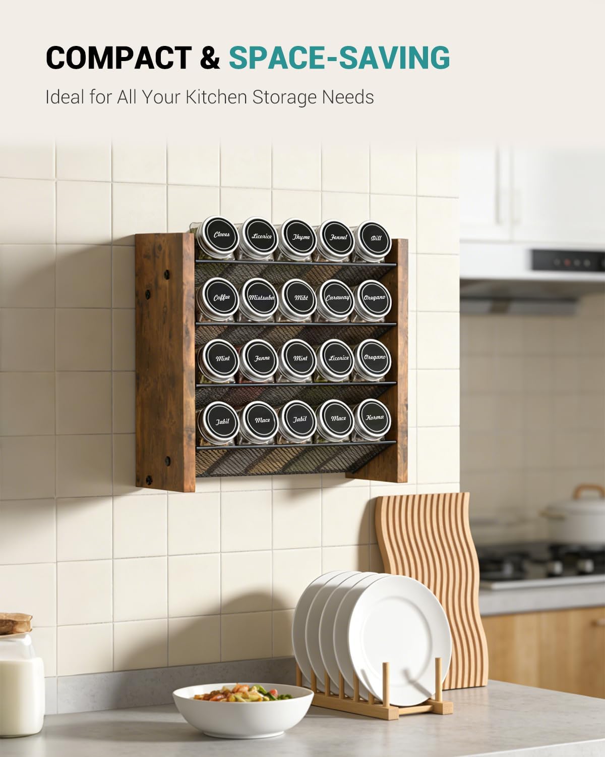 Spice Rack Organizer for Cabinet, Wood 4-Tier Vertical Seasoning Organizer, Wall Mount or Countertop Spice Shelf, Holds 28 Jars (No Jars Included), 14" W x 9.4" H