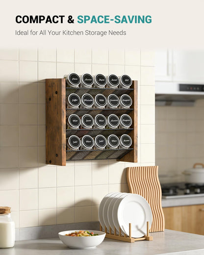Spice Rack Organizer for Cabinet, Wood 4-Tier Vertical Seasoning Organizer, Wall Mount or Countertop Spice Shelf, Holds 28 Jars (No Jars Included), 14" W x 9.4" H