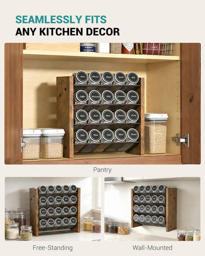 Spice Rack Organizer for Cabinet, Wood 4-Tier Vertical Seasoning Organizer, Wall Mount or Countertop Spice Shelf, Holds 28 Jars (No Jars Included), 14" W x 9.4" H