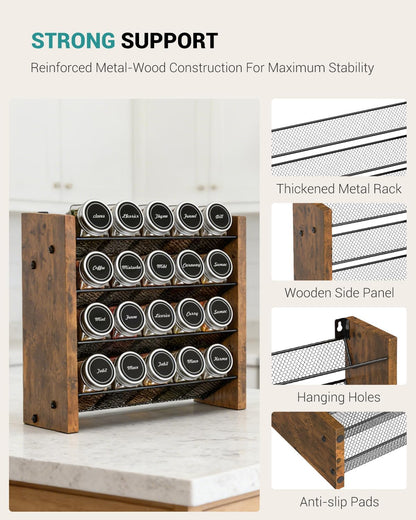 Spice Rack Organizer for Cabinet, Wood 4-Tier Vertical Seasoning Organizer, Wall Mount or Countertop Spice Shelf, Holds 28 Jars (No Jars Included), 14" W x 9.4" H