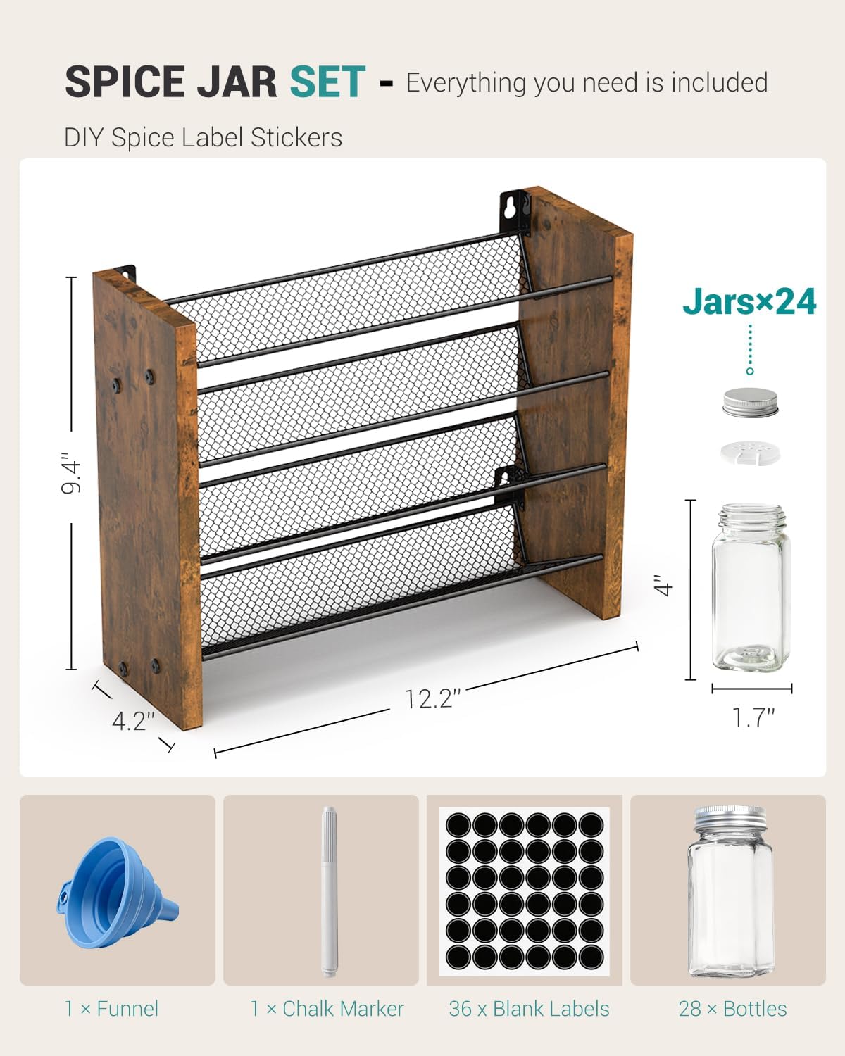 Spice Rack Organizer for Cabinet, Wood 4-Tier Vertical Seasoning Organizer, Wall Mount or Countertop Spice Shelf, Holds 28 Jars (No Jars Included), 14" W x 9.4" H