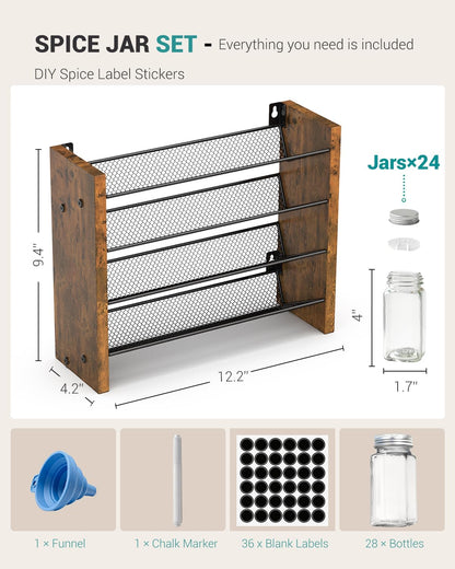 Spice Rack Organizer for Cabinet, Wood 4-Tier Vertical Seasoning Organizer, Wall Mount or Countertop Spice Shelf, Holds 28 Jars (No Jars Included), 14" W x 9.4" H