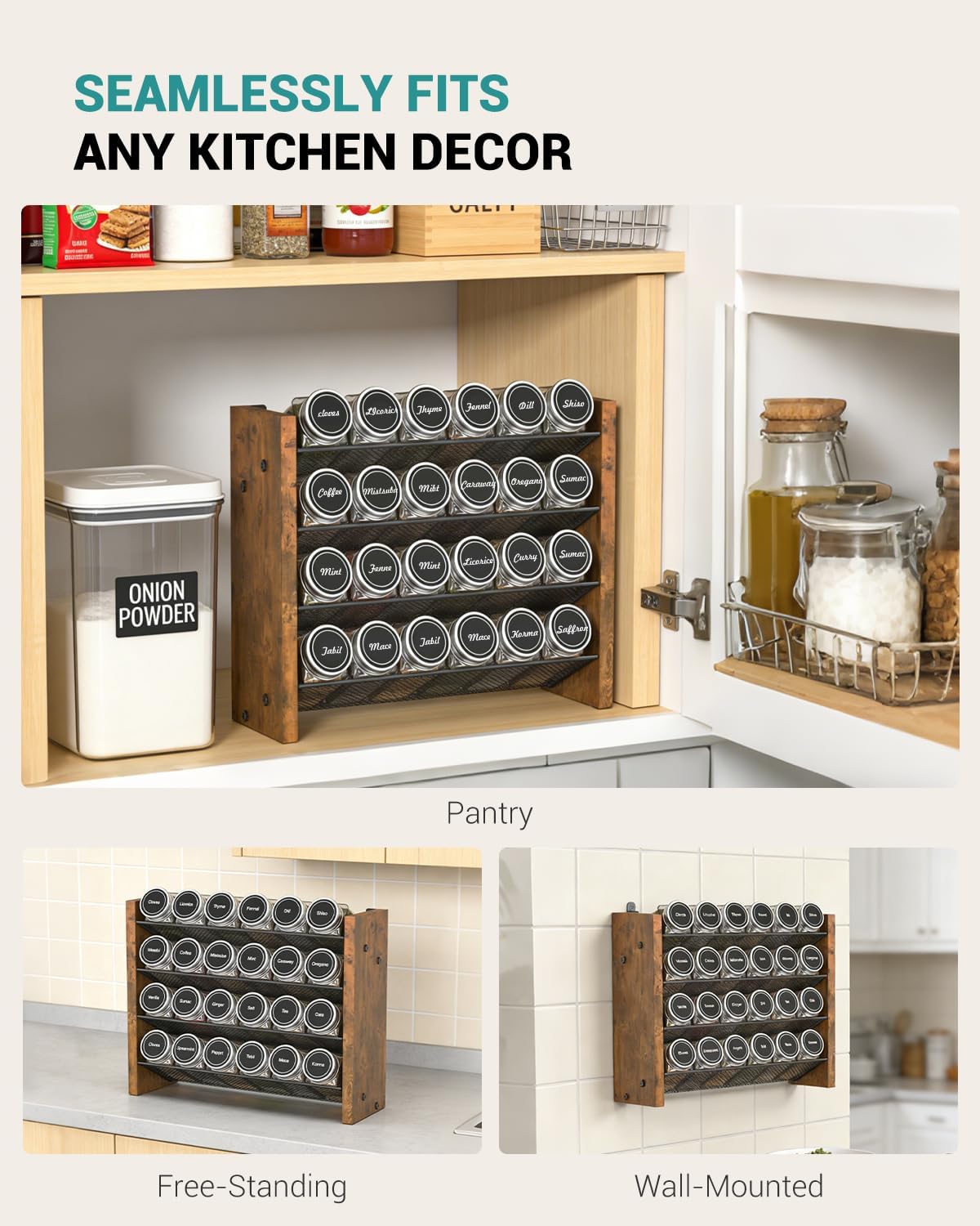 Spice Rack Organizer for Cabinet, Wood 4-Tier Vertical Seasoning Organizer, Wall Mount or Countertop Spice Shelf, Holds 28 Jars (No Jars Included), 14" W x 9.4" H
