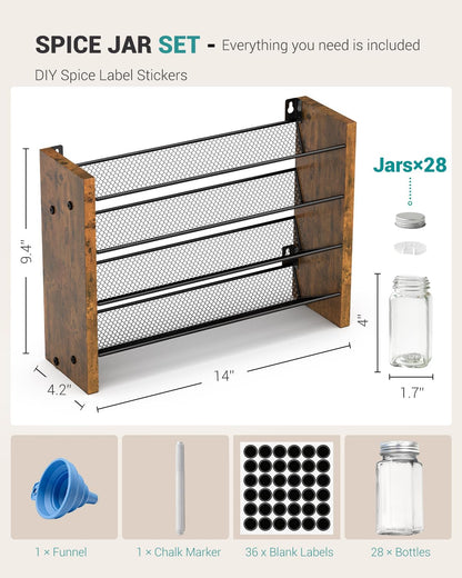 Spice Rack Organizer for Cabinet, Wood 4-Tier Vertical Seasoning Organizer, Wall Mount or Countertop Spice Shelf, Holds 28 Jars (No Jars Included), 14" W x 9.4" H