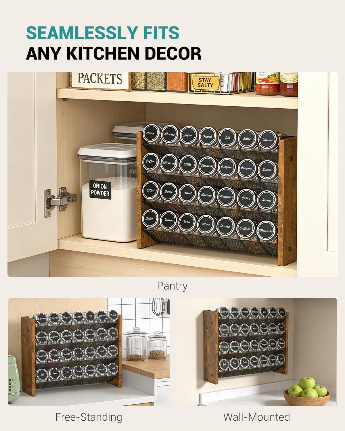 Spice Rack Organizer for Cabinet, Wood 4-Tier Vertical Seasoning Organizer, Wall Mount or Countertop Spice Shelf, Holds 28 Jars (No Jars Included), 14" W x 9.4" H