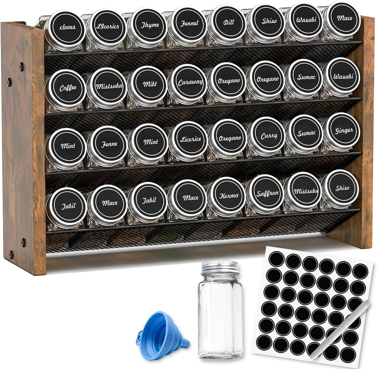 Spice Rack Organizer for Cabinet, Wood 4-Tier Vertical Seasoning Organizer, Wall Mount or Countertop Spice Shelf, Holds 28 Jars (No Jars Included), 14" W x 9.4" H