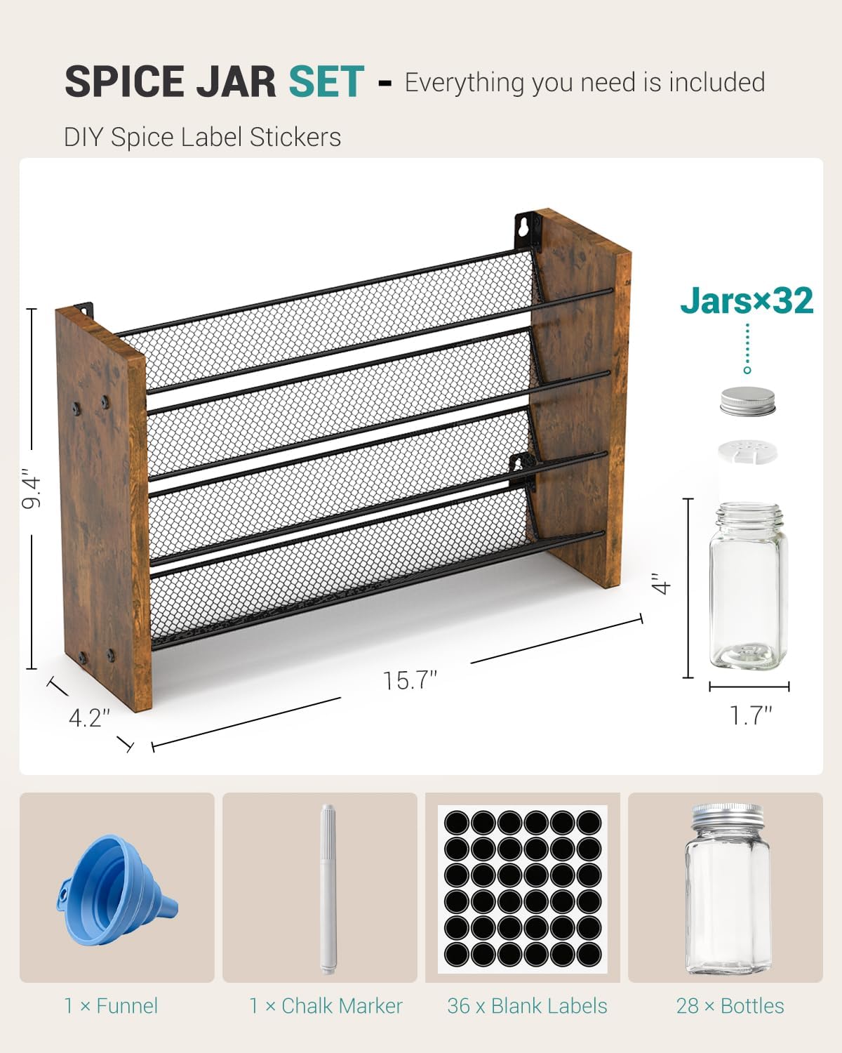 Spice Rack Organizer for Cabinet, Wood 4-Tier Vertical Seasoning Organizer, Wall Mount or Countertop Spice Shelf, Holds 28 Jars (No Jars Included), 14" W x 9.4" H