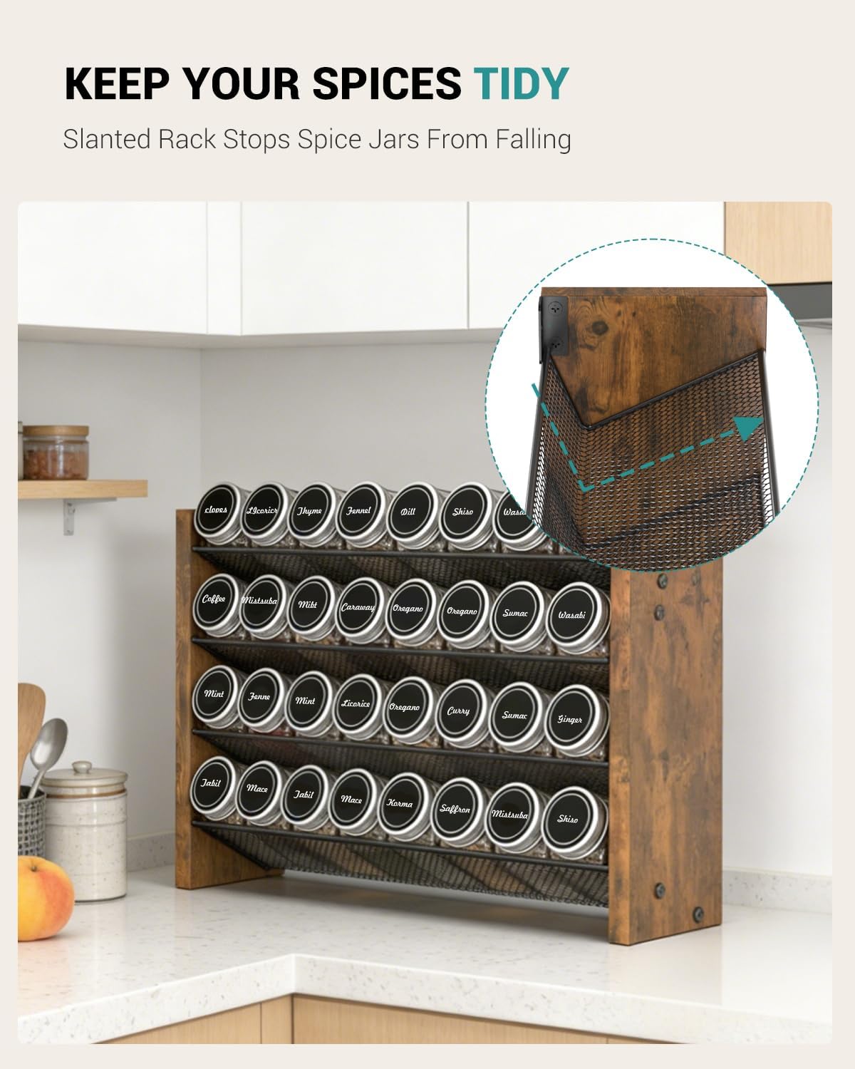Spice Rack Organizer for Cabinet, Wood 4-Tier Vertical Seasoning Organizer, Wall Mount or Countertop Spice Shelf, Holds 28 Jars (No Jars Included), 14" W x 9.4" H