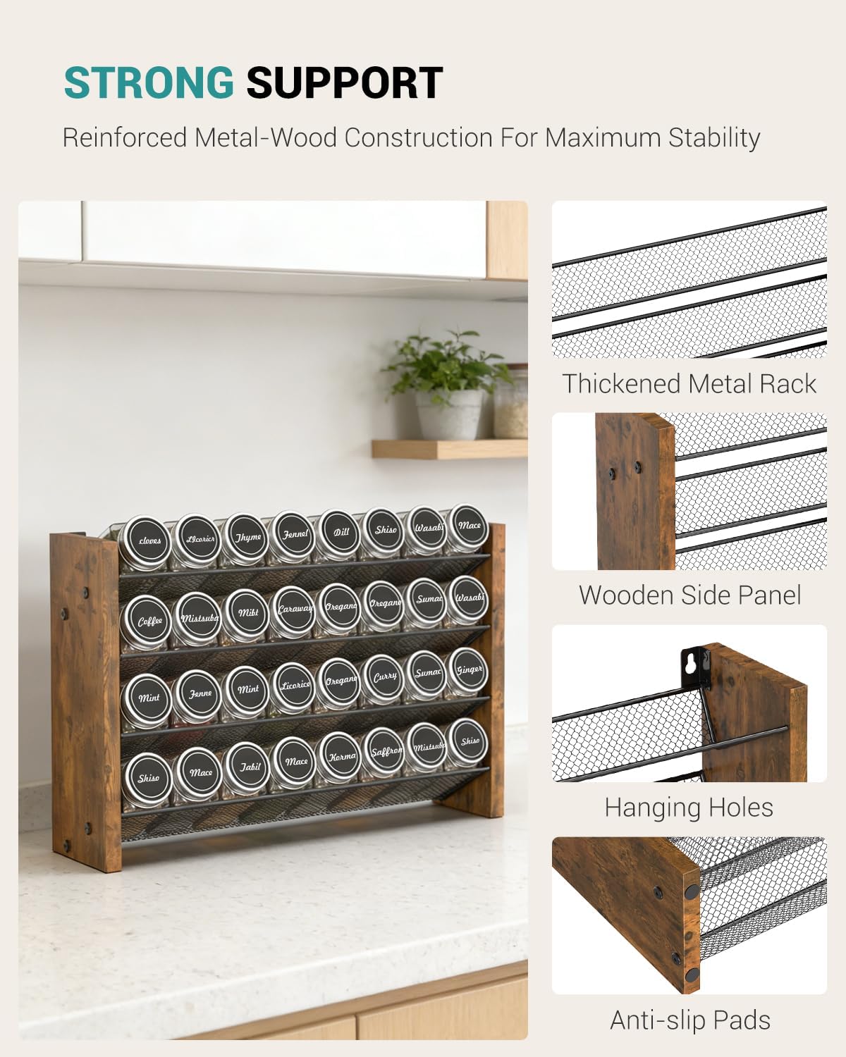 Spice Rack Organizer for Cabinet, Wood 4-Tier Vertical Seasoning Organizer, Wall Mount or Countertop Spice Shelf, Holds 28 Jars (No Jars Included), 14" W x 9.4" H