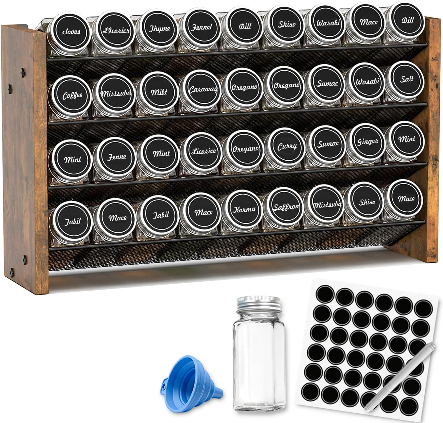 Spice Rack Organizer for Cabinet, Wood 4-Tier Vertical Seasoning Organizer, Wall Mount or Countertop Spice Shelf, Holds 28 Jars (No Jars Included), 14" W x 9.4" H
