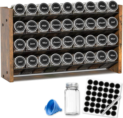 Spice Rack Organizer for Cabinet, Wood 4-Tier Vertical Seasoning Organizer, Wall Mount or Countertop Spice Shelf, Holds 28 Jars (No Jars Included), 14" W x 9.4" H