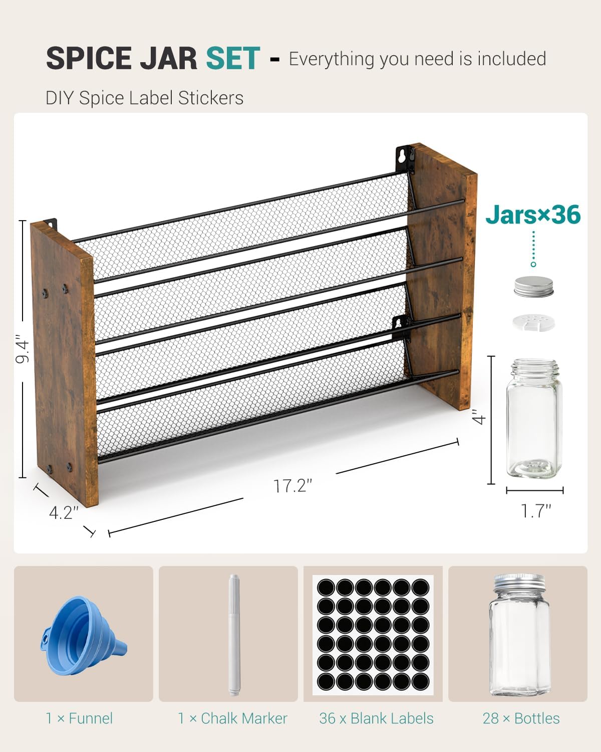 Spice Rack Organizer for Cabinet, Wood 4-Tier Vertical Seasoning Organizer, Wall Mount or Countertop Spice Shelf, Holds 28 Jars (No Jars Included), 14" W x 9.4" H