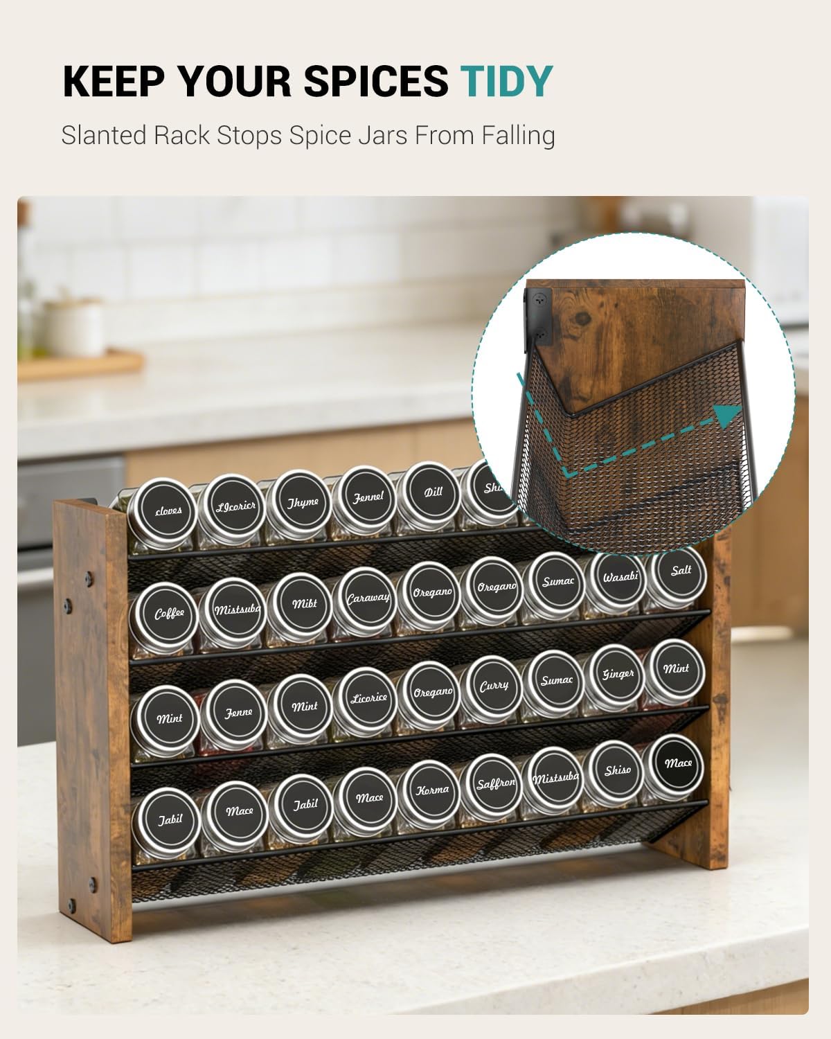 Spice Rack Organizer for Cabinet, Wood 4-Tier Vertical Seasoning Organizer, Wall Mount or Countertop Spice Shelf, Holds 28 Jars (No Jars Included), 14" W x 9.4" H