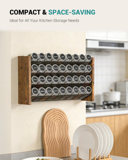 Spice Rack Organizer for Cabinet, Wood 4-Tier Vertical Seasoning Organizer, Wall Mount or Countertop Spice Shelf, Holds 28 Jars (No Jars Included), 14" W x 9.4" H