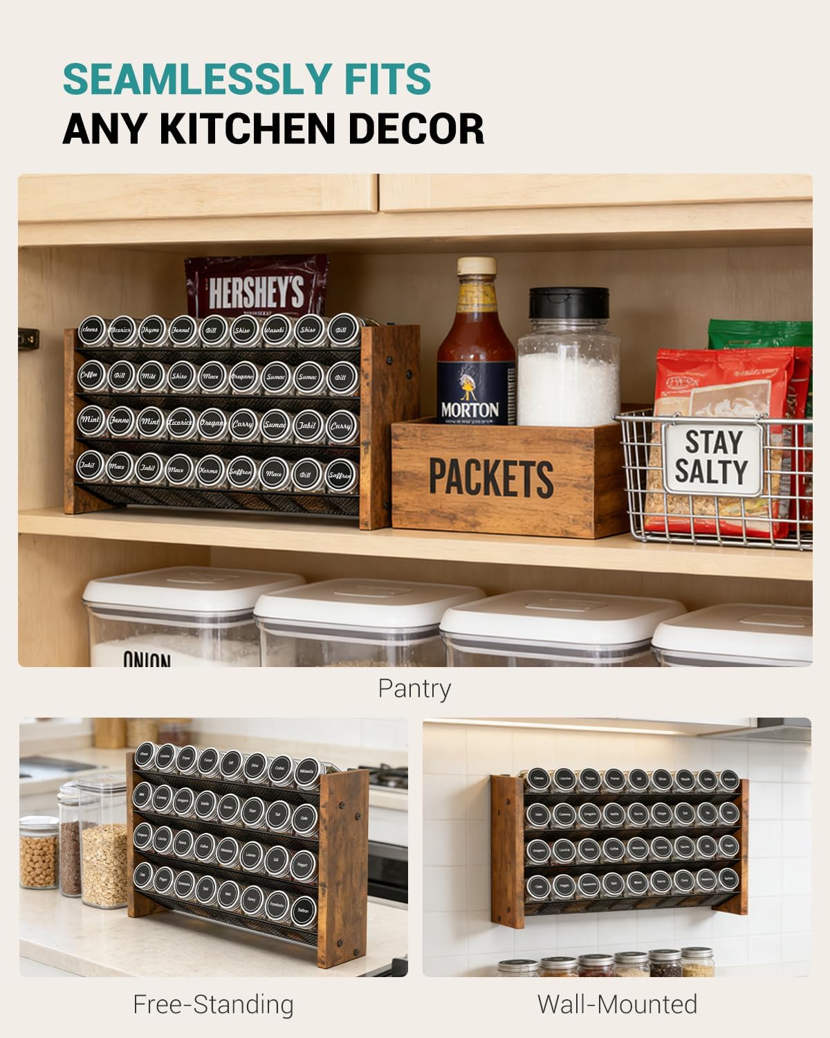 Spice Rack Organizer for Cabinet, Wood 4-Tier Vertical Seasoning Organizer, Wall Mount or Countertop Spice Shelf, Holds 28 Jars (No Jars Included), 14" W x 9.4" H