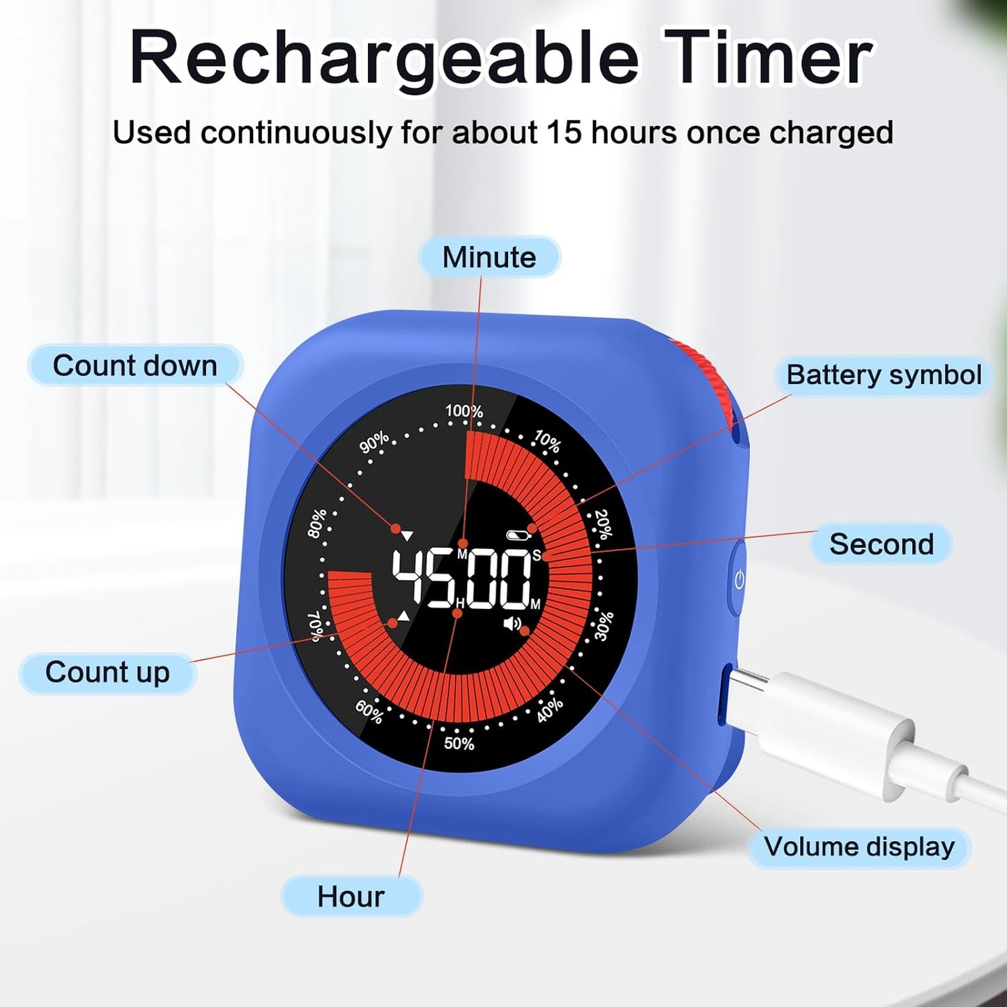 Rechargeable Digital Kitchen Timer for Cooking, Magnetic Timers with Countdown/up, Kids Timer with 5”LED Display 3 Brightness 4 Volume Adjustable for Classroom/Office/Home/Work/Study/Fitness/Game