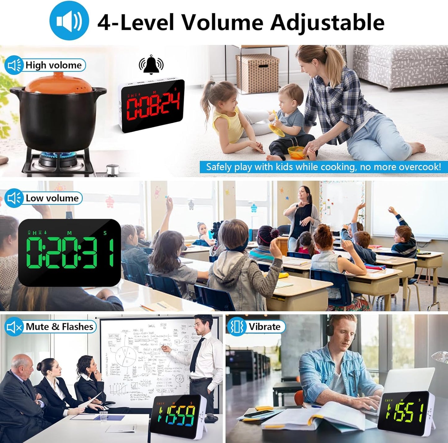 Rechargeable Digital Kitchen Timer for Cooking, Magnetic Timers with Countdown/up, Kids Timer with 5”LED Display 3 Brightness 4 Volume Adjustable for Classroom/Office/Home/Work/Study/Fitness/Game