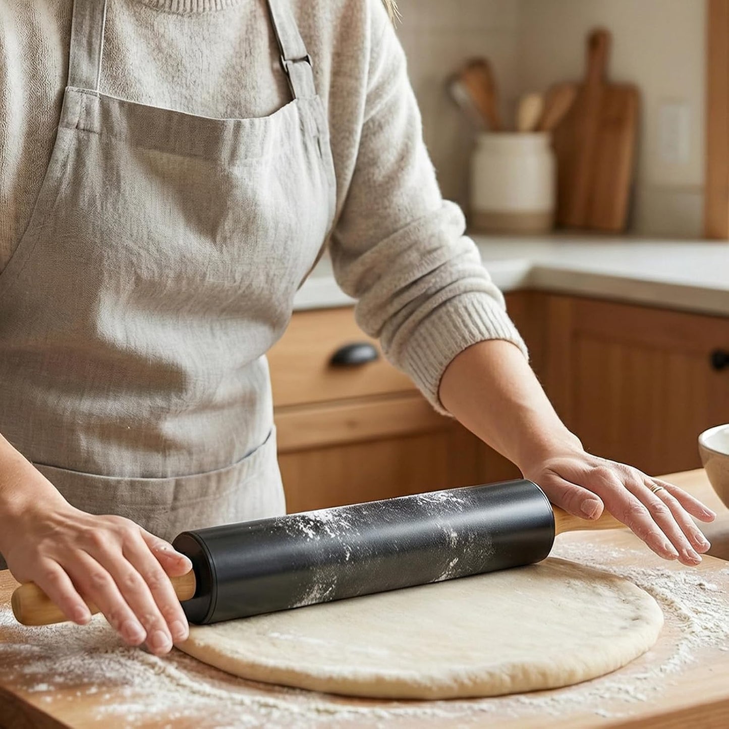 Stainless steel rolling pin by Tansucc, with wooden comfortable handle, non stick rolling pin for baking pastries, bread, and pizza.