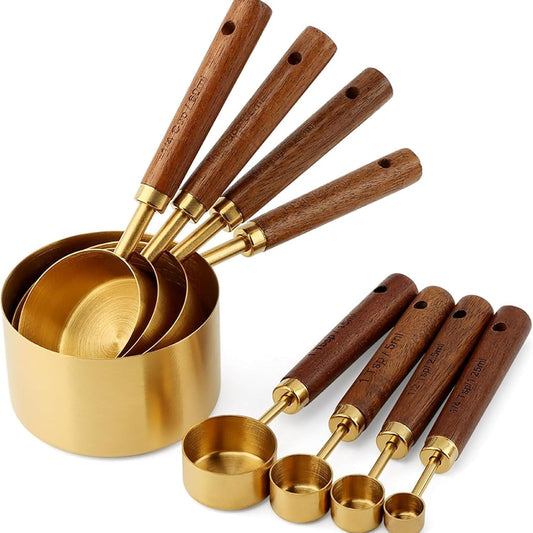 Golden Steel Measure Cups Spoons Wood Handle US Metric Cooking Baking | Food grade golden steel rustproof nonstick safe non slip wood handle US metric marks easy bake cook clean