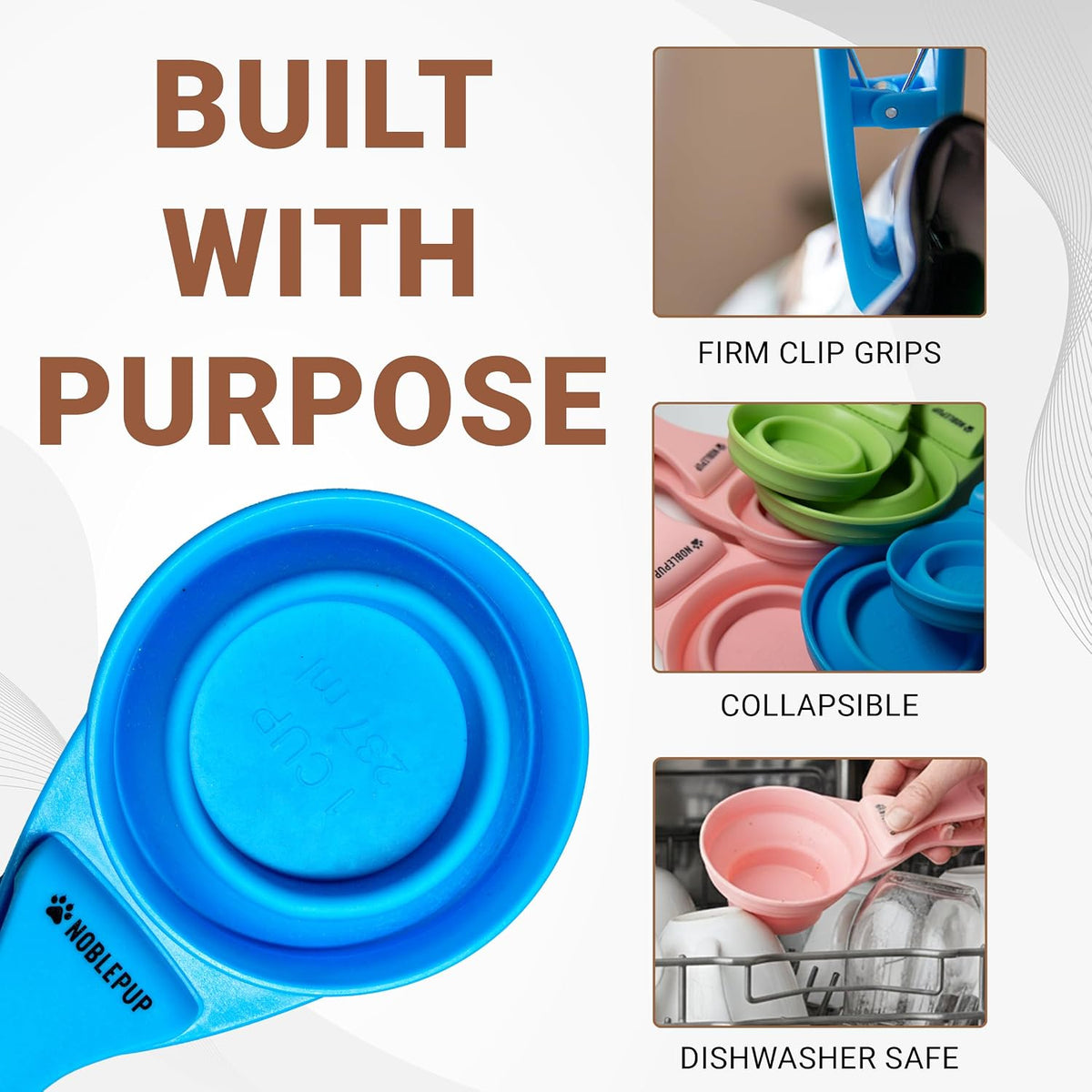 MeasureMate Pet Food Scoops with Bag Clip for Dog and Cat - 3-in-1 Multi-Function Collapsible Food Measuring Cup - 1 Cup Capacity, 8oz, Blue - Dishwasher Safe