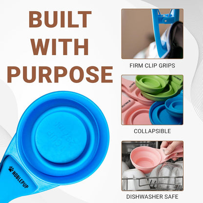 MeasureMate Pet Food Scoops with Bag Clip for Dog and Cat - 3-in-1 Multi-Function Collapsible Food Measuring Cup - 1 Cup Capacity, 8oz, Blue - Dishwasher Safe