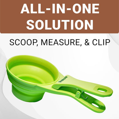 MeasureMate Pet Food Scoops with Bag Clip for Dog and Cat - 3-in-1 Multi-Function Collapsible Food Measuring Cup - 1 Cup Capacity, 8oz, Blue - Dishwasher Safe