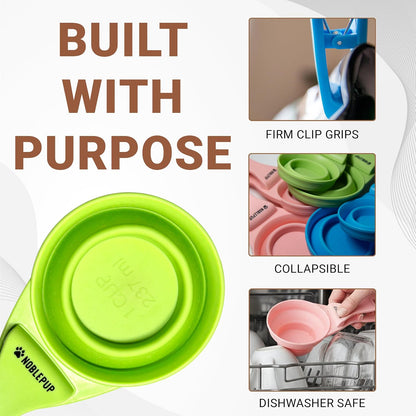 MeasureMate Pet Food Scoops with Bag Clip for Dog and Cat - 3-in-1 Multi-Function Collapsible Food Measuring Cup - 1 Cup Capacity, 8oz, Blue - Dishwasher Safe