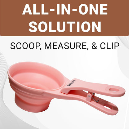 MeasureMate Pet Food Scoops with Bag Clip for Dog and Cat - 3-in-1 Multi-Function Collapsible Food Measuring Cup - 1 Cup Capacity, 8oz, Blue - Dishwasher Safe