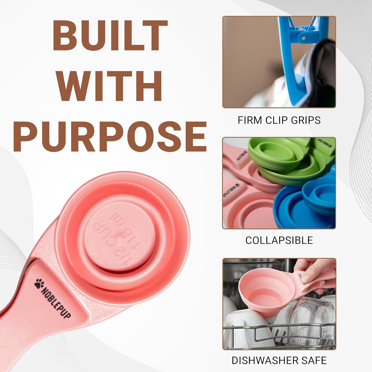 MeasureMate Pet Food Scoops with Bag Clip for Dog and Cat - 3-in-1 Multi-Function Collapsible Food Measuring Cup - 1 Cup Capacity, 8oz, Blue - Dishwasher Safe
