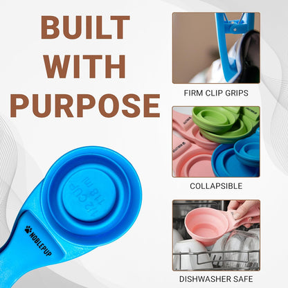 MeasureMate Pet Food Scoops with Bag Clip for Dog and Cat - 3-in-1 Multi-Function Collapsible Food Measuring Cup - 1 Cup Capacity, 8oz, Blue - Dishwasher Safe
