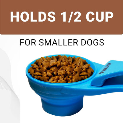 MeasureMate Pet Food Scoops with Bag Clip for Dog and Cat - 3-in-1 Multi-Function Collapsible Food Measuring Cup - 1 Cup Capacity, 8oz, Blue - Dishwasher Safe