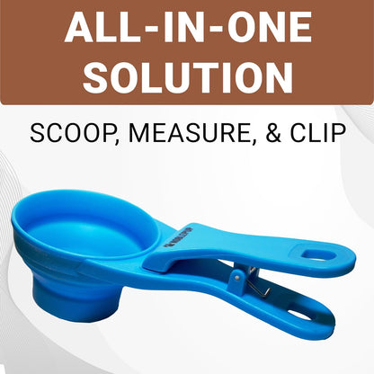 MeasureMate Pet Food Scoops with Bag Clip for Dog and Cat - 3-in-1 Multi-Function Collapsible Food Measuring Cup - 1 Cup Capacity, 8oz, Blue - Dishwasher Safe