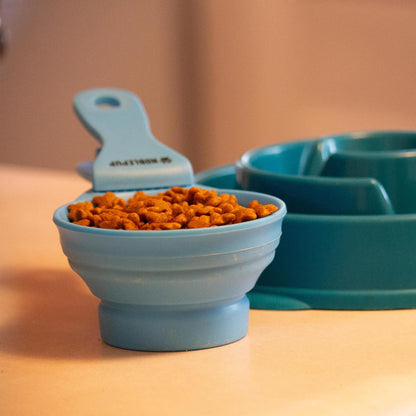 MeasureMate Pet Food Scoops with Bag Clip for Dog and Cat - 3-in-1 Multi-Function Collapsible Food Measuring Cup - 1 Cup Capacity, 8oz, Blue - Dishwasher Safe