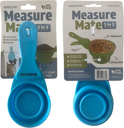 MeasureMate Pet Food Scoops with Bag Clip for Dog and Cat - 3-in-1 Multi-Function Collapsible Food Measuring Cup - 1 Cup Capacity, 8oz, Blue - Dishwasher Safe