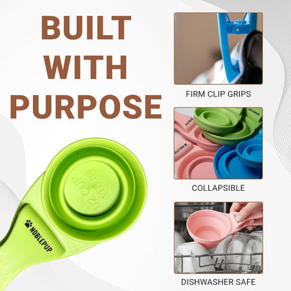 MeasureMate Pet Food Scoops with Bag Clip for Dog and Cat - 3-in-1 Multi-Function Collapsible Food Measuring Cup - 1 Cup Capacity, 8oz, Blue - Dishwasher Safe