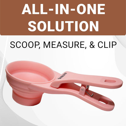 MeasureMate Pet Food Scoops with Bag Clip for Dog and Cat - 3-in-1 Multi-Function Collapsible Food Measuring Cup - 1 Cup Capacity, 8oz, Blue - Dishwasher Safe
