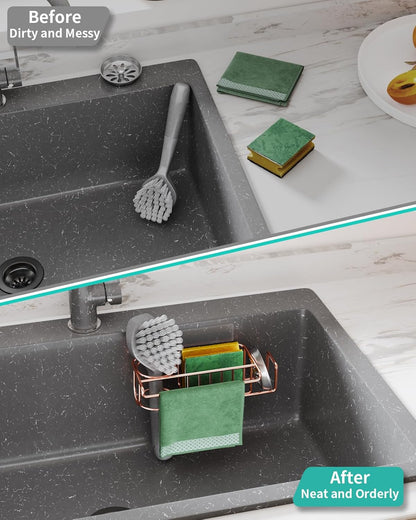 4 in 1 Sink Caddy Sponge Holder, SUS304 Stainless Steel Kitchen Brush Holder and Dish Cloth Hanger, Kitchen Organizers and Storage Essentials - Silver