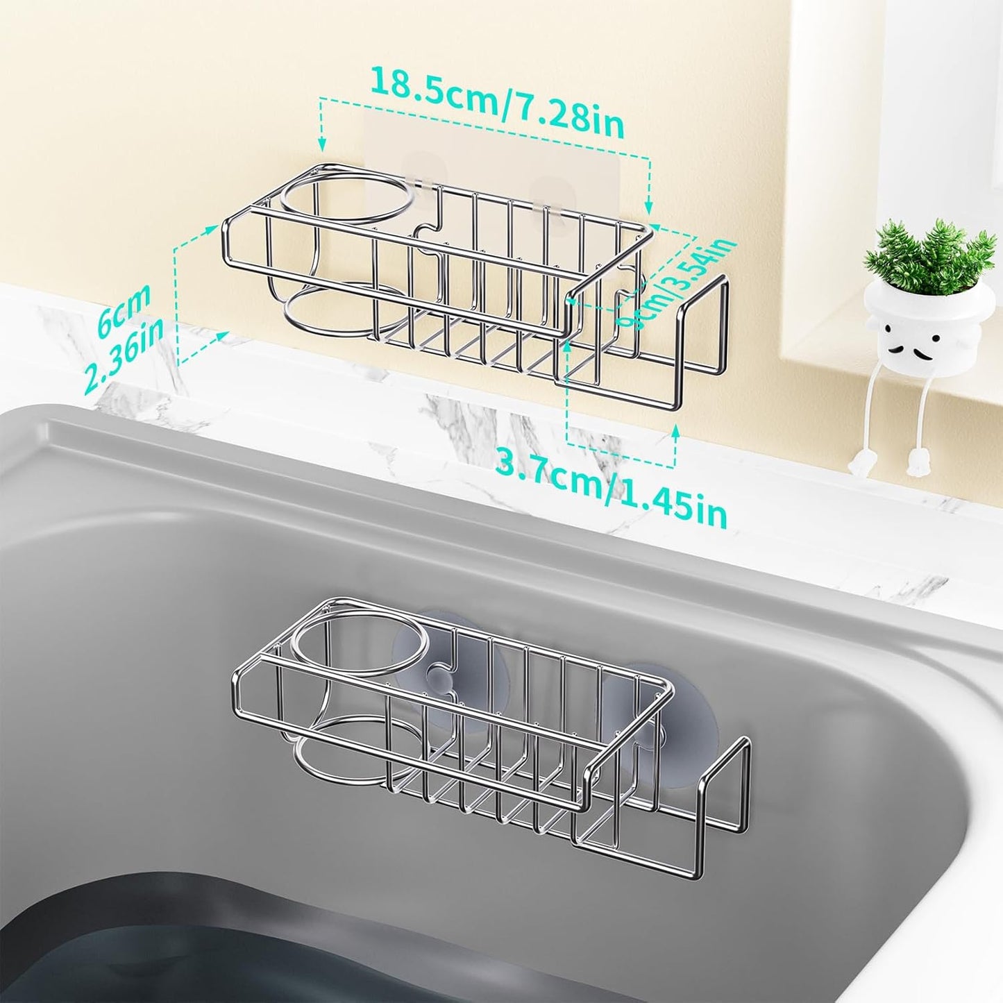 4 in 1 Sink Caddy Sponge Holder, SUS304 Stainless Steel Kitchen Brush Holder and Dish Cloth Hanger, Kitchen Organizers and Storage Essentials - Silver