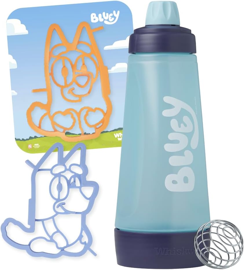 Bluey Pancake Art Kit, 1 Batter Bottle, 2 Silicone Bluey and Bingo Pancake Molds, and 1 BlenderBall Wire Whisk, Durable, No-Mess Breakfast, BPA Free, Dishwasher Safe