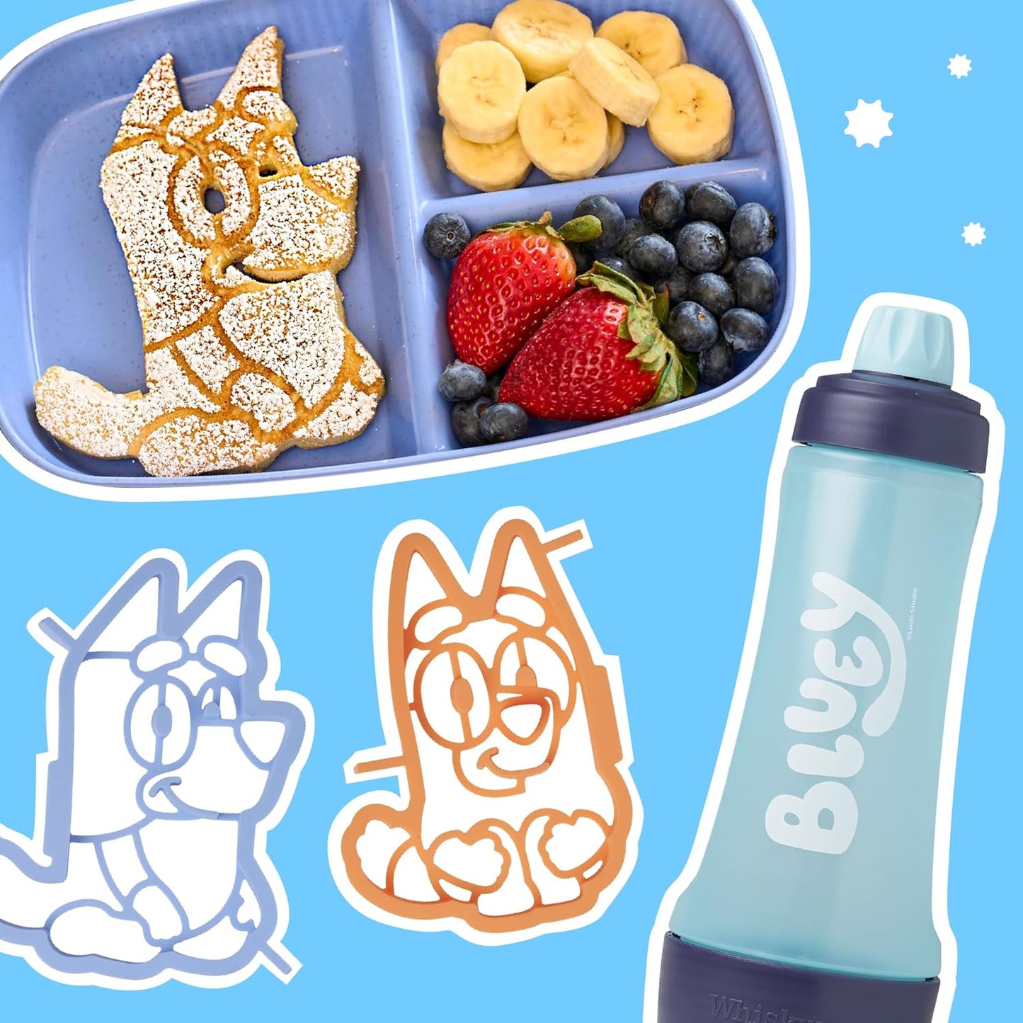 Bluey Pancake Art Kit, 1 Batter Bottle, 2 Silicone Bluey and Bingo Pancake Molds, and 1 BlenderBall Wire Whisk, Durable, No-Mess Breakfast, BPA Free, Dishwasher Safe
