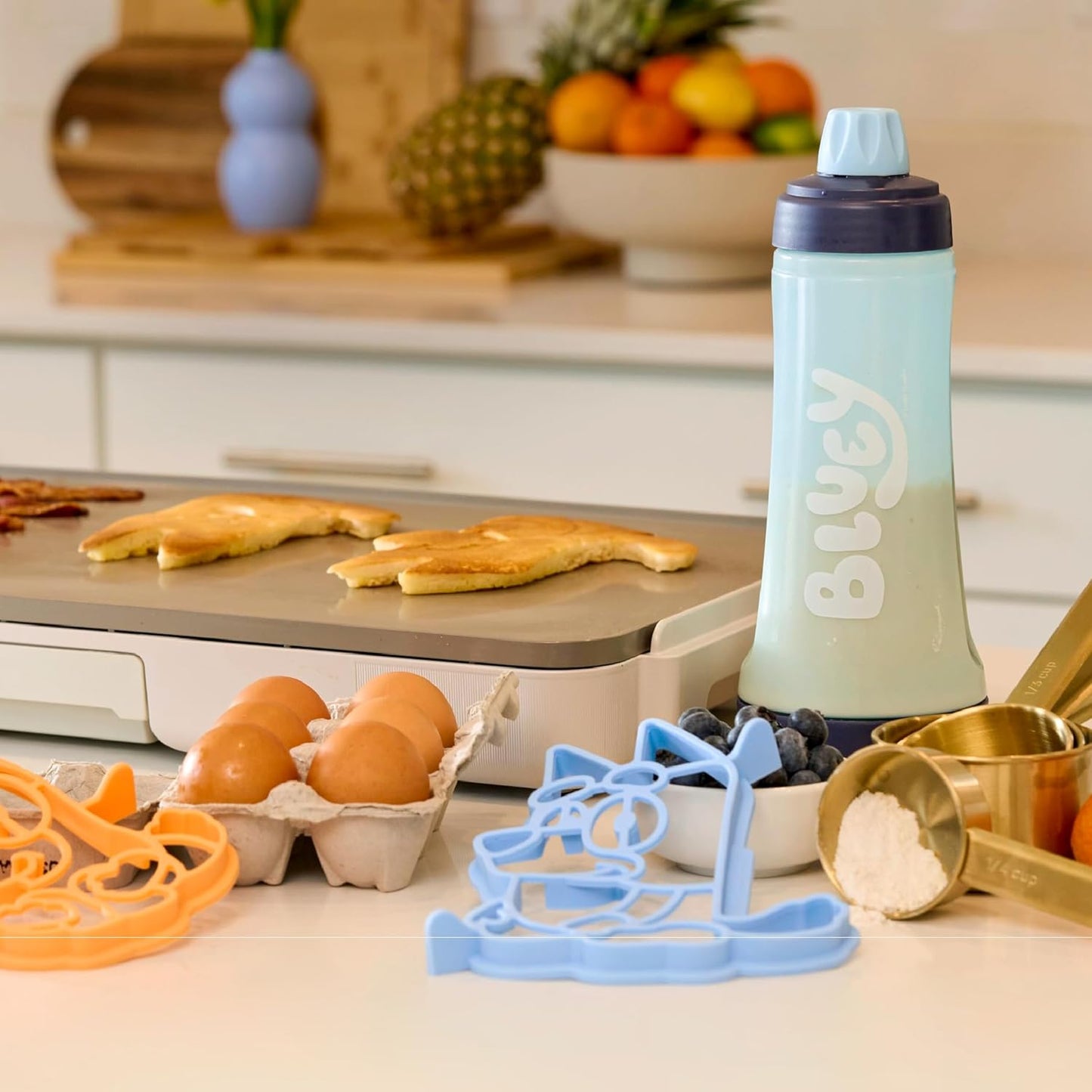 Bluey Pancake Art Kit, 1 Batter Bottle, 2 Silicone Bluey and Bingo Pancake Molds, and 1 BlenderBall Wire Whisk, Durable, No-Mess Breakfast, BPA Free, Dishwasher Safe