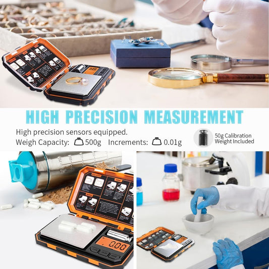 Digital Pocket Scale, 500g x 0.01g Gram Scale, High Precision | Small Jewelry Scale with 50g Calibration Weight, 6 Units Ounces Grains, Tare Function for Jewelry, Coin, Powder, Food